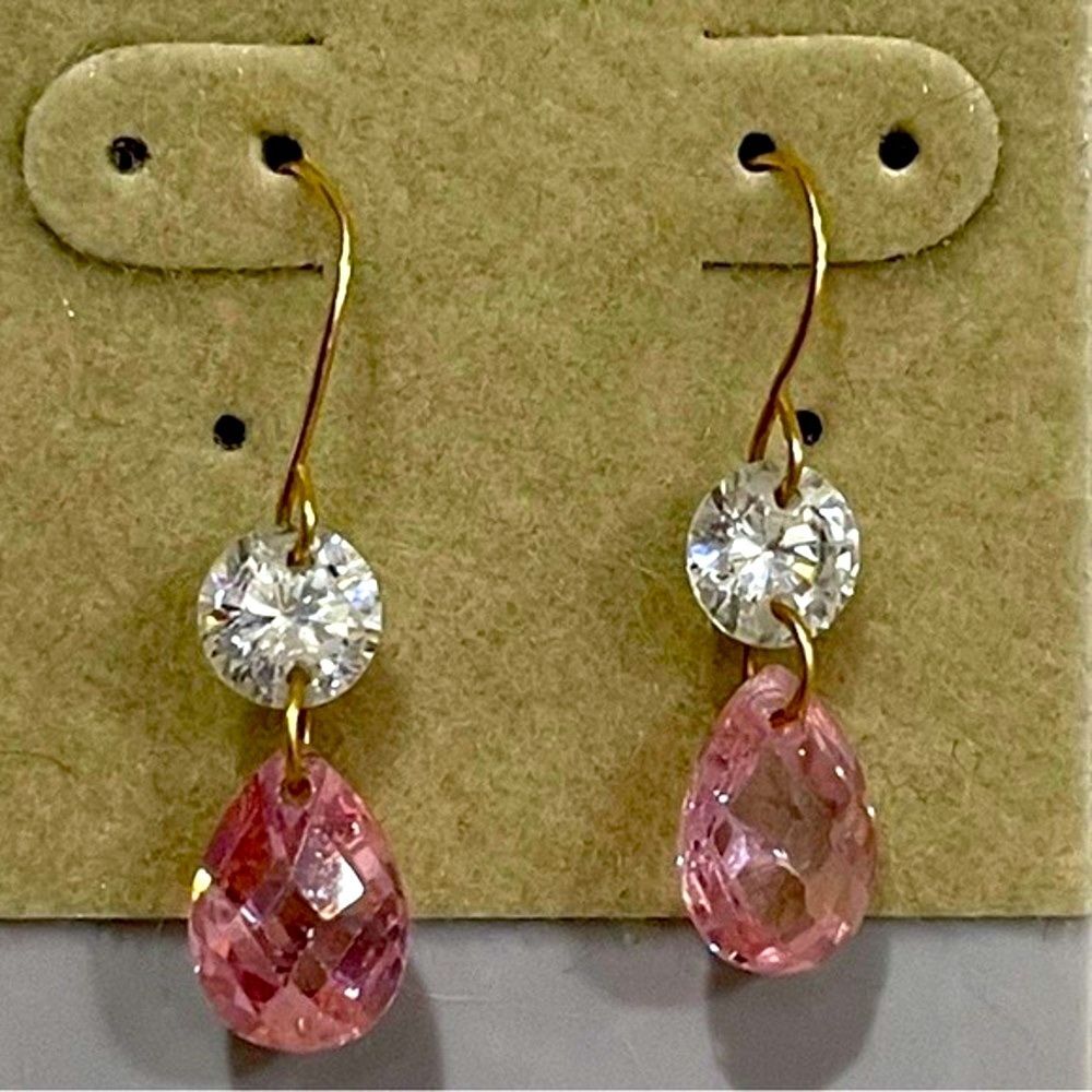 Dainty Oval Tear Drop Cut Dangle Earrings Pink Princess Sparkly Gold Tone Wire